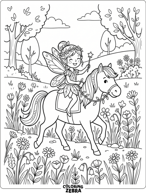 A fairy riding a pony through a flower meadow