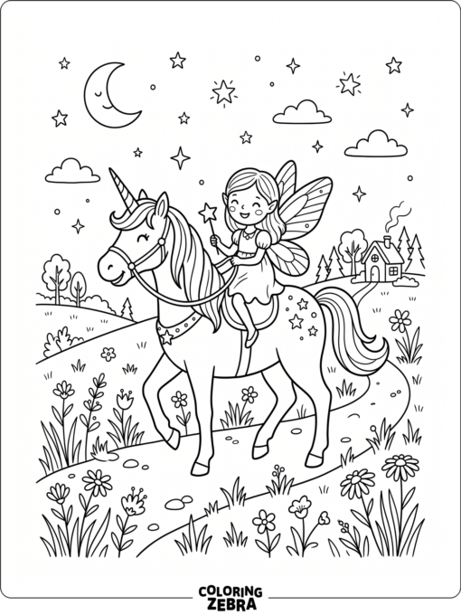 A fairy riding a unicorn across a meadow