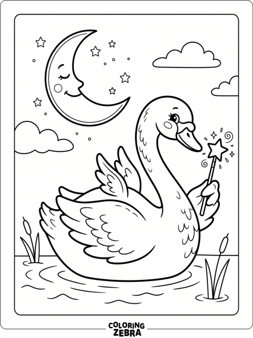 A fairy swan with a wand and tiny wings