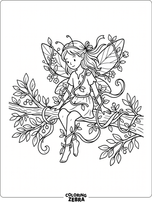 A fairy wrapped in vines and ribbons on a branch