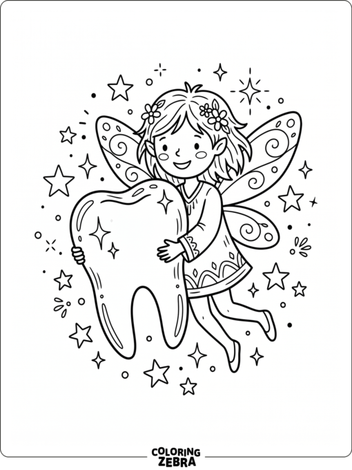 A fairy holding a giant tooth with stars