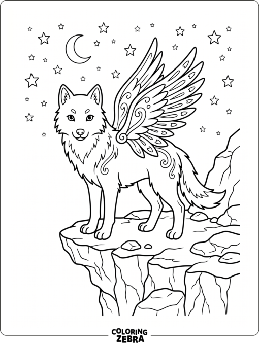A winged fairy wolf standing on a rocky ledge