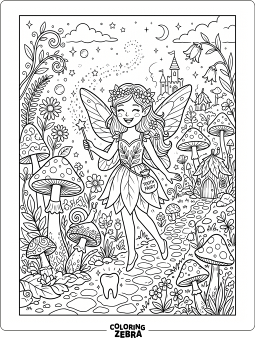 A tooth fairy in a fairyland scene with mushrooms and a tooth