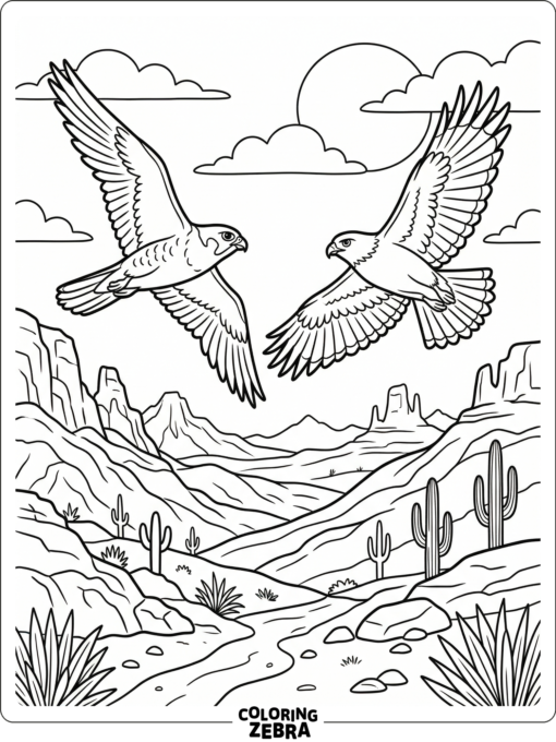 A falcon flying beside a hawk over hills