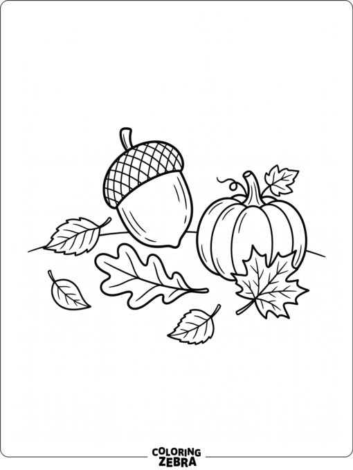 An acorn surrounded by fall leaves and a pumpkin