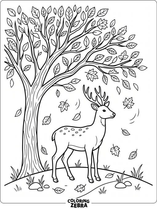 A deer under falling autumn leaves