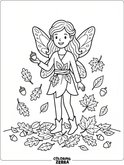 A fairy among leaves with an acorn
