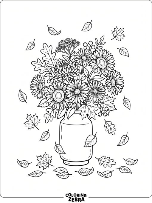 Fall flowers in a vase with scattered leaves