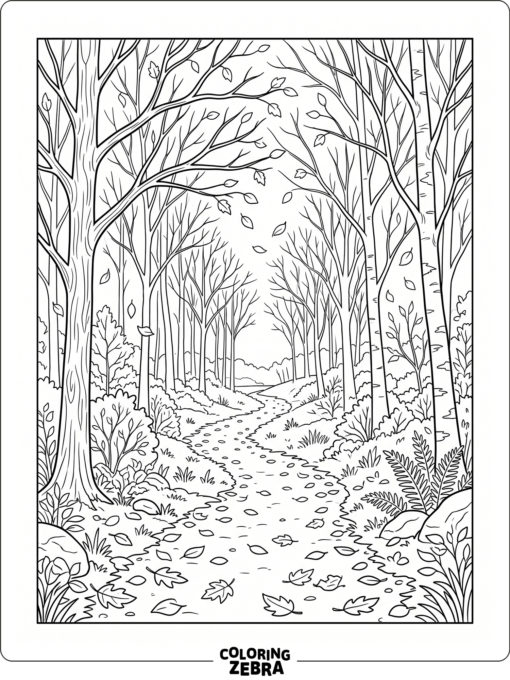 A forest path lined with falling autumn leaves