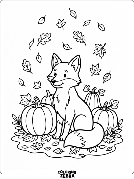 A fox sitting among pumpkins and leaves