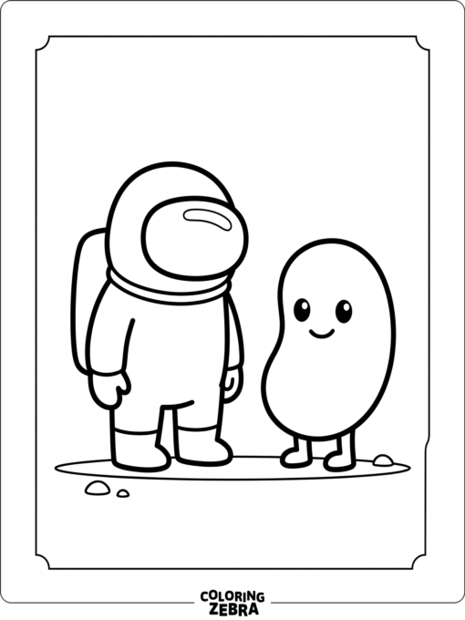 Among Us crewmate and bean character in a simple crossover scene