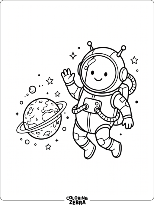 astronaut bean character floating near a tiny planet