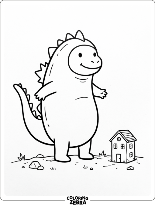 Godzilla in a bean-style costume beside a small building