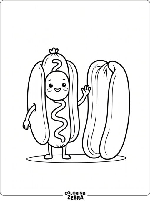 hot dog bean character with a bun prop and simple outlines