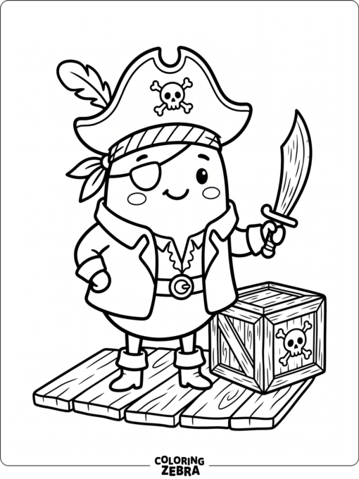 pirate bean character holding a sword beside a crate