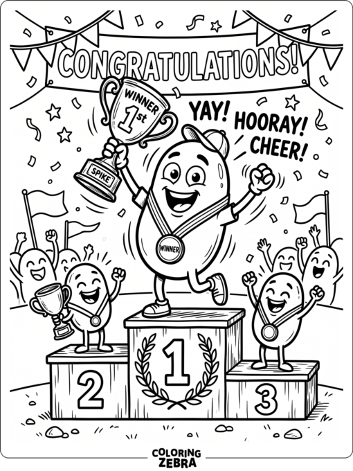 bean character cheering with a trophy on a simple podium