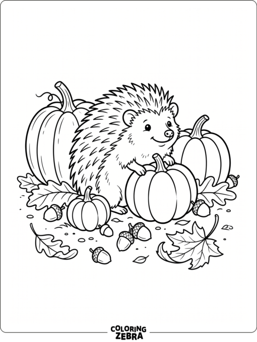 A hedgehog with pumpkins and autumn leaves
