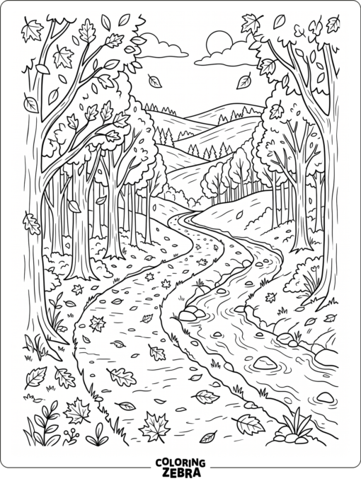 An autumn path with falling leaves and a creek