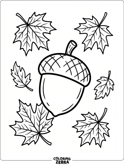 An acorn with falling leaves around it