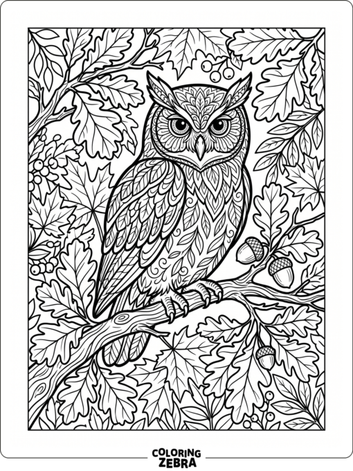 An owl surrounded by fall leaves and an acorn