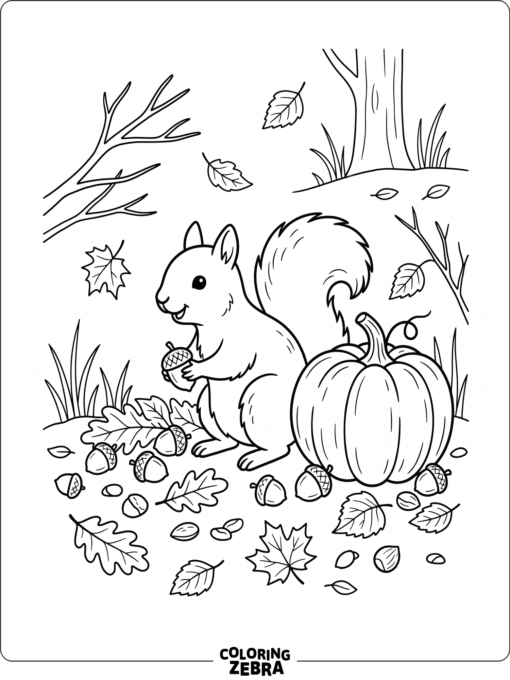 A squirrel gathers nuts near a pumpkin