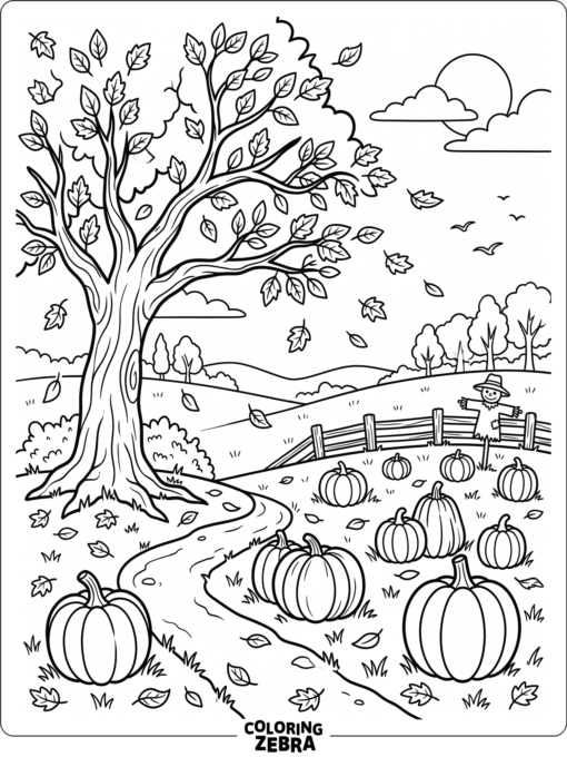An autumn tree with a pumpkin patch and falling leaves