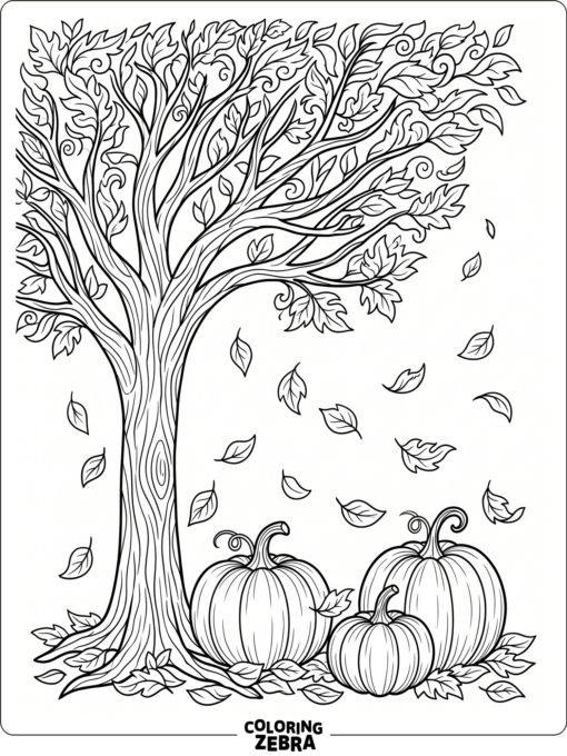 A fall tree with leaves falling around pumpkins