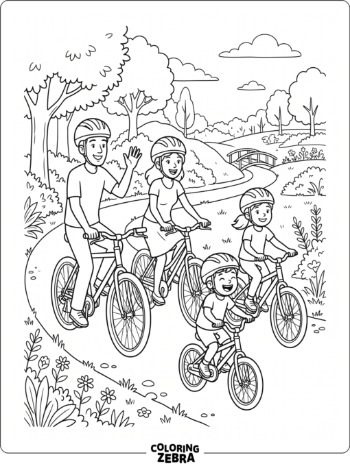 A family rides bicycles together on a path