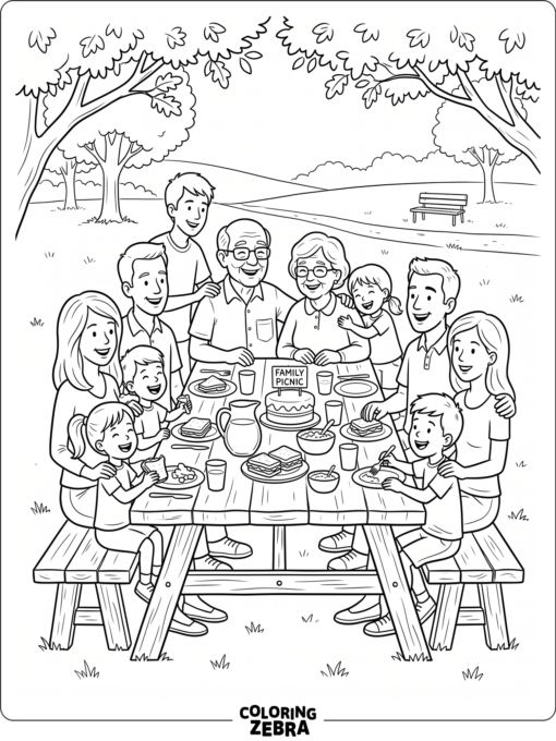Large family gathers around grandparents at a picnic table