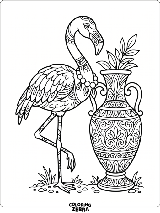 A fancy flamingo with a necklace and vase