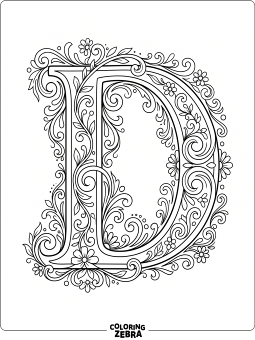 Una letra D ornamentada con enredaderas y flores