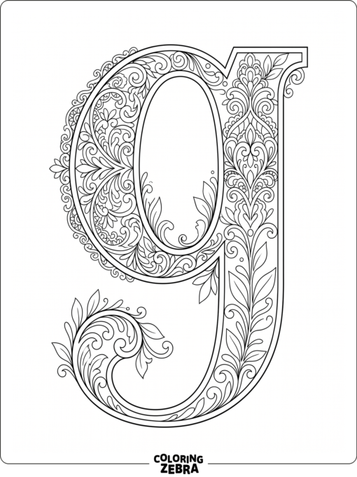 A fancy lowercase g with lace-like swirls and leaves