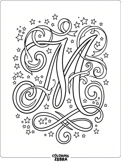 A fancy script M with ribbon curls and stars