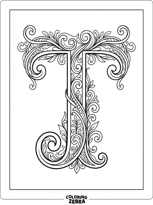 A fancy T with curls and elegant flourishes