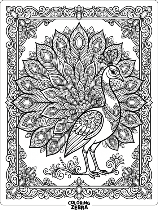 A fancy peacock with jeweled tail feathers