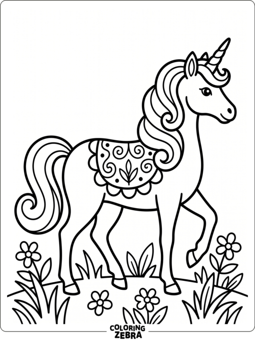 An elegant unicorn with a curled mane and decorative blanket