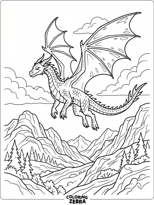 A fantasy dragon flying above rocky hills