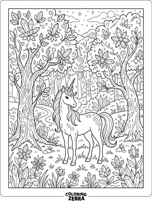 A fantasy forest with crystal flowers and a unicorn
