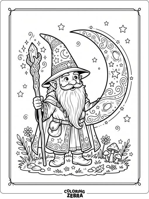 A fantasy gnome wizard holding a staff under a moon
