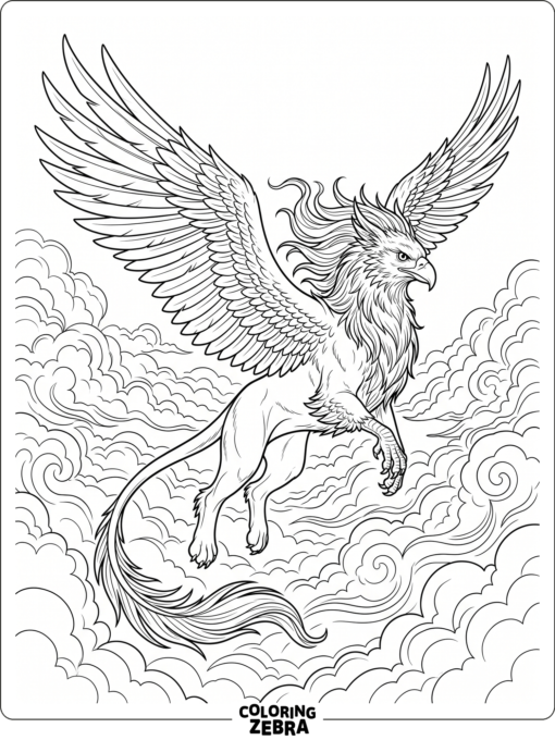 A fantasy griffin flying above clouds
