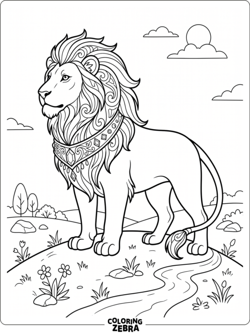 A fantasy lion with an ornate mane and gem collar