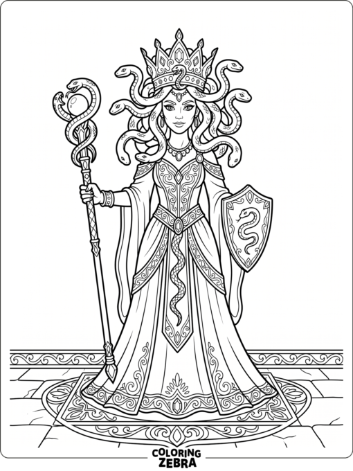 A fantasy Medusa queen with a crown and scepter