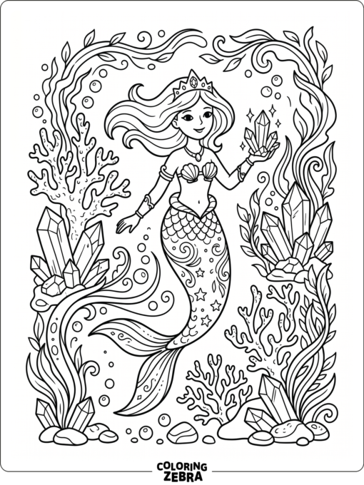 A fantasy mermaid surrounded by crystals and coral