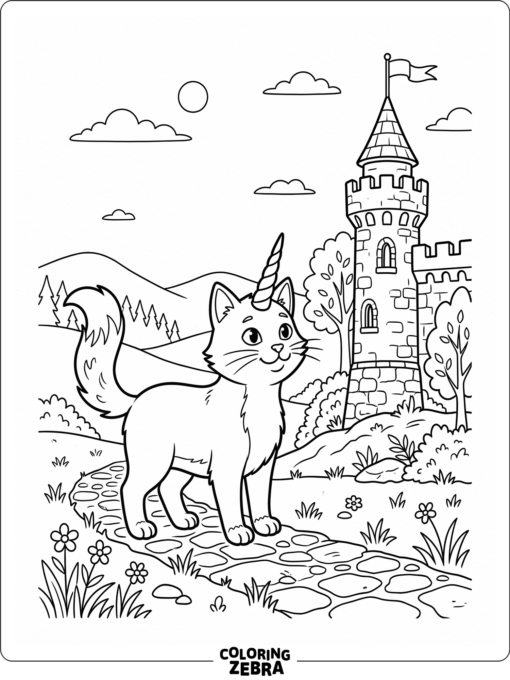 A fantasy unicorn cat near a castle tower