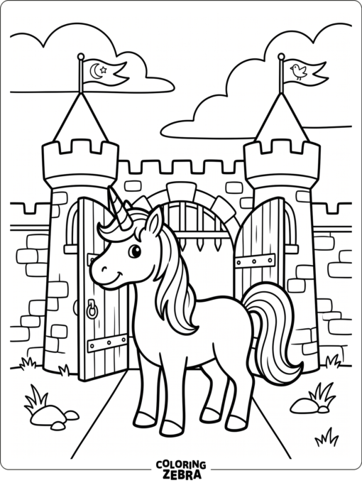 A fantasy unicorn stands near a castle gate