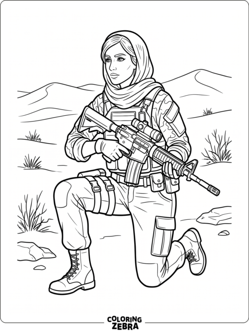 Farah Karim kneeling with a rifle