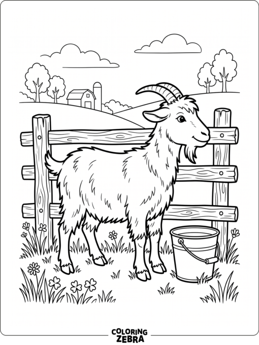 A farm goat stands near a fence and bucket