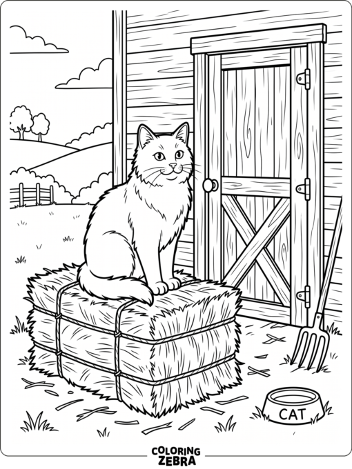 A farm cat sitting on a hay bale