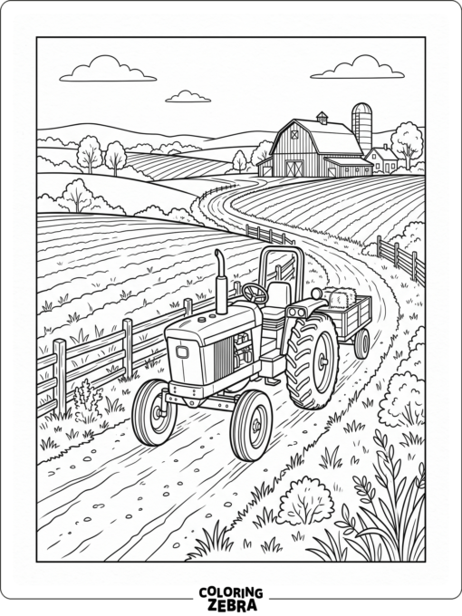 A farm tractor on a lane with fields nearby