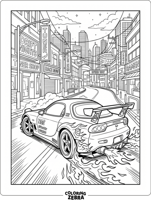 A Toyota Supra with racing stripes on a city street